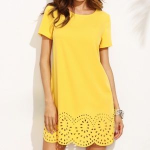 Yellow Short Sleeve Laser Cutout Dress